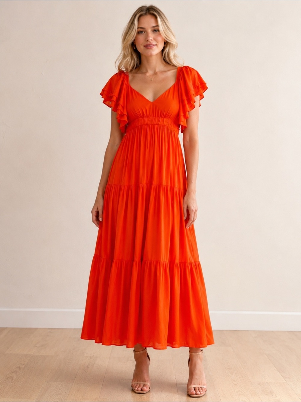 Women's Orange Tiered V-Neck Maxi Dress Small - Picture 3 of 4